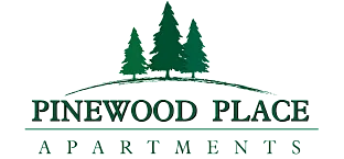 Elegant logo for Pinewood Place Apartments featuring three stylized pine trees and sophisticated typography.