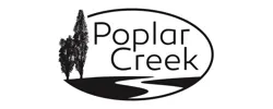 Elegant logo design of Poplar Creek with stylized trees and flowing creek, conveying nature and tranquility.