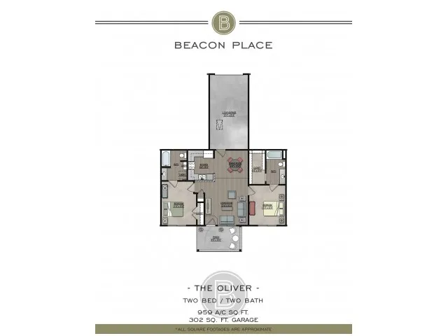 The Oliver, two bedroom two bath with an one car garage