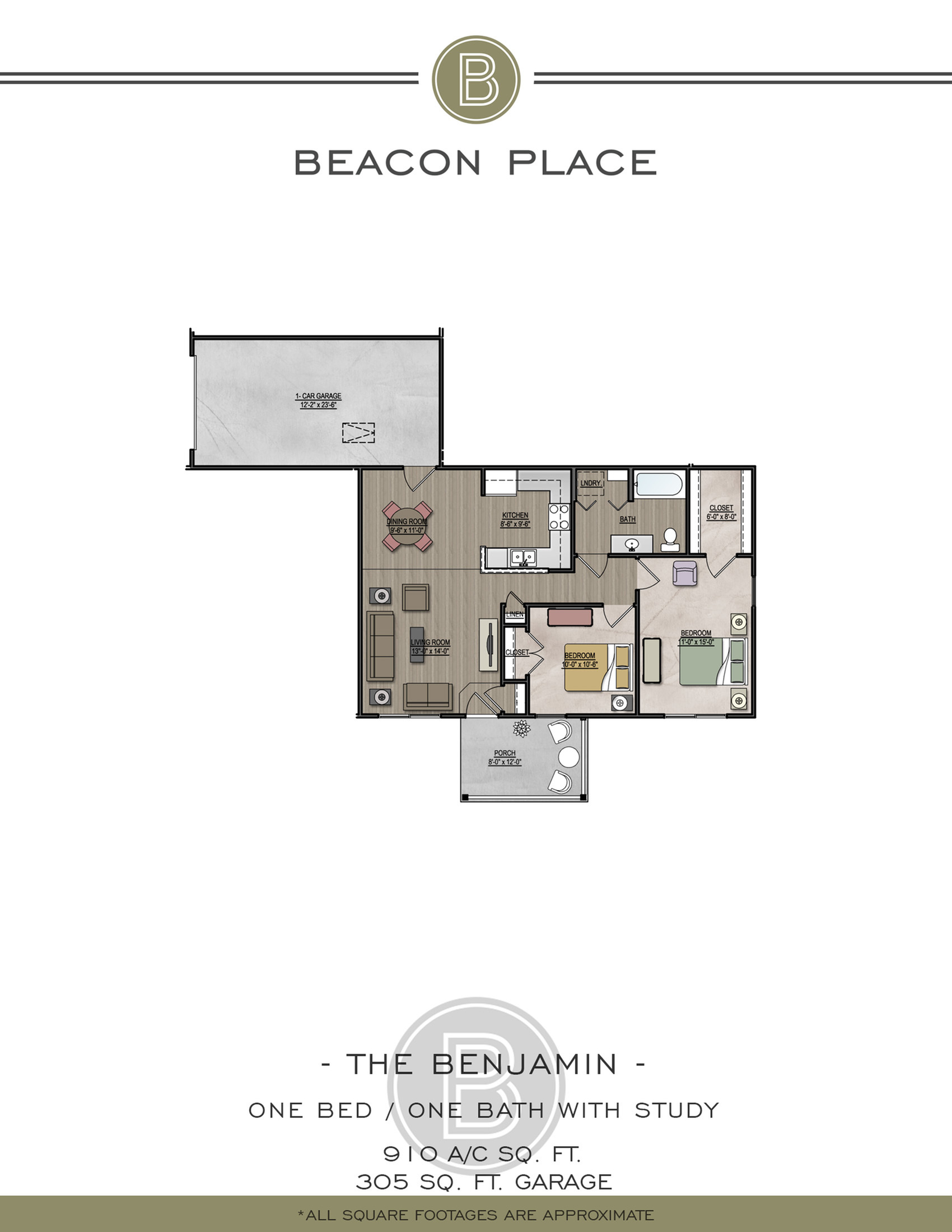 Beacon Place\'s \'The Benjamin\' floor plan highlighting one bedroom, one bath with a study, and a spacious living area. Includes 910 sq. ft. of indoor luxury and a 305 sq. ft. garage, designed for modern comfort.