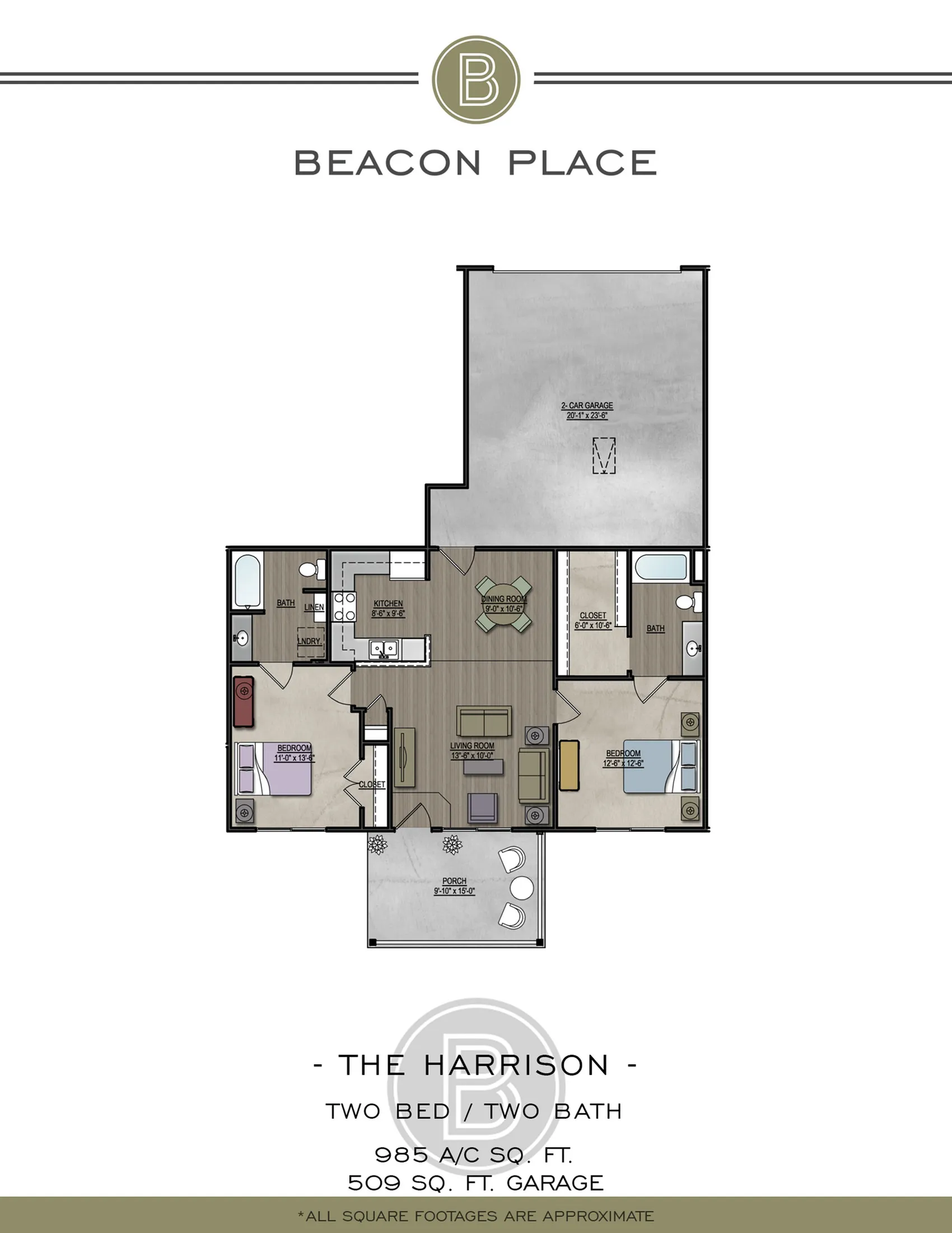 Beacon Place floor plan showcasing The Harrison, a modern 2 bedroom, 2 bathroom layout with an open living area, spacious kitchen, porch, and a 2 car garage, totaling 985 A/C square feet.