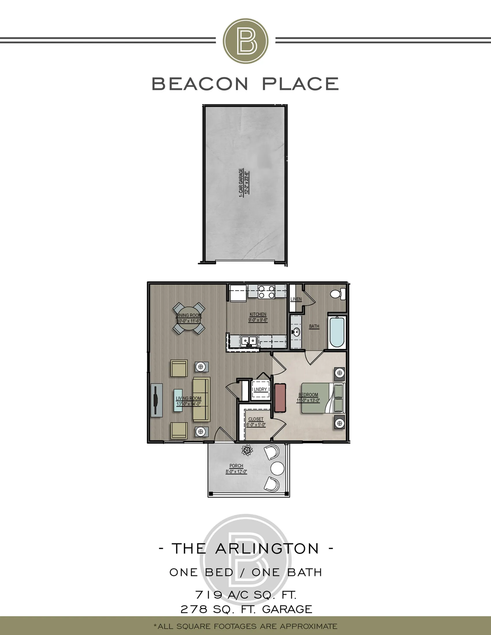 Beacon Place floor plan of The Arlington showcasing 1 bedroom, 1 bath, spacious living space, modern kitchen, cozy porch, 719 sq ft with additional 278 sq ft garage.