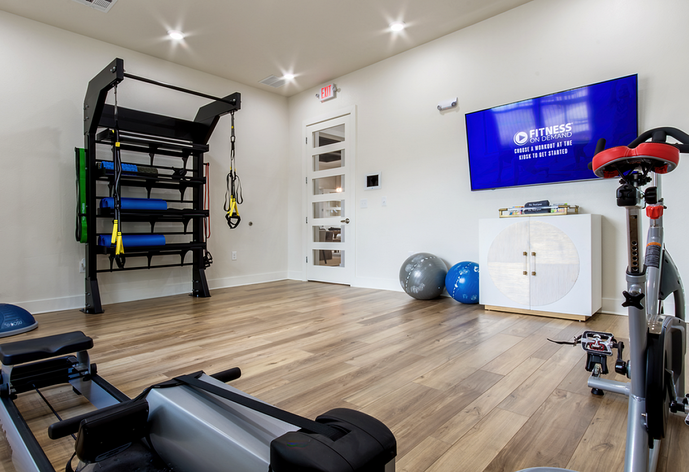 Modern home gym with sleek fitness equipment, including a rowing machine, exercise bike, wall-mounted workout rack, and vibrant exercise balls on a polished wood floor.