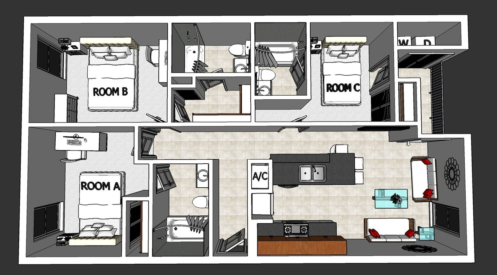 The Collegiate three bedroom three bathroom floorplan