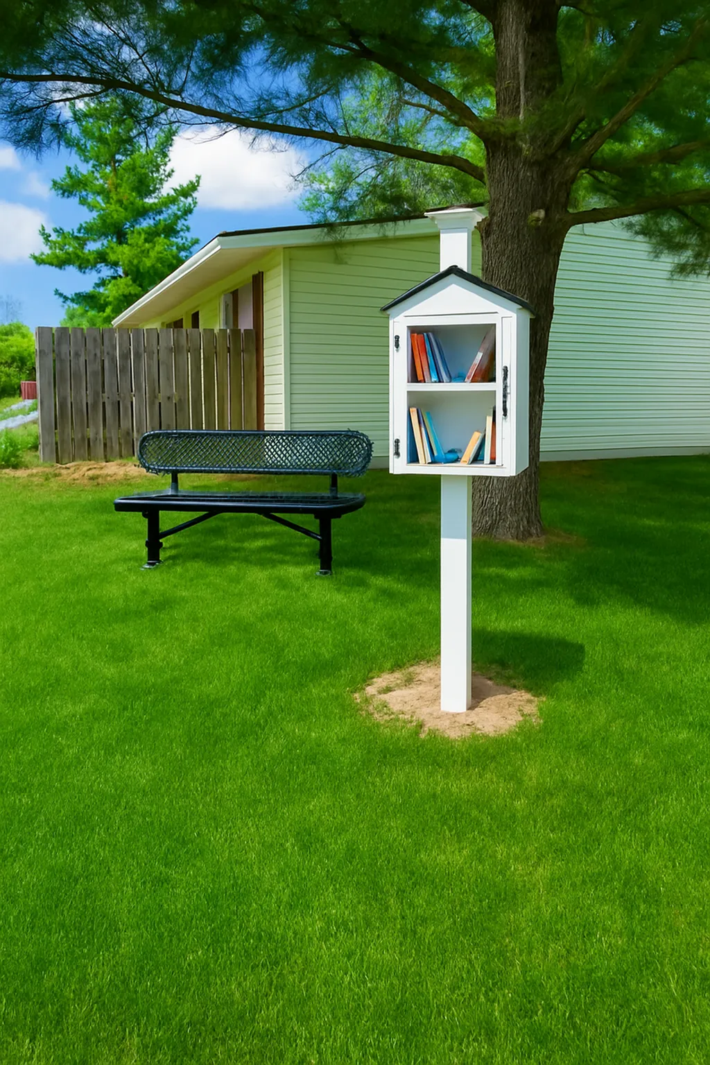 Charming outdoor scene featuring a free-standing book exchange under a lush tree, surrounded by vibrant greenery and a cozy bench for outdoor reading enjoyment.