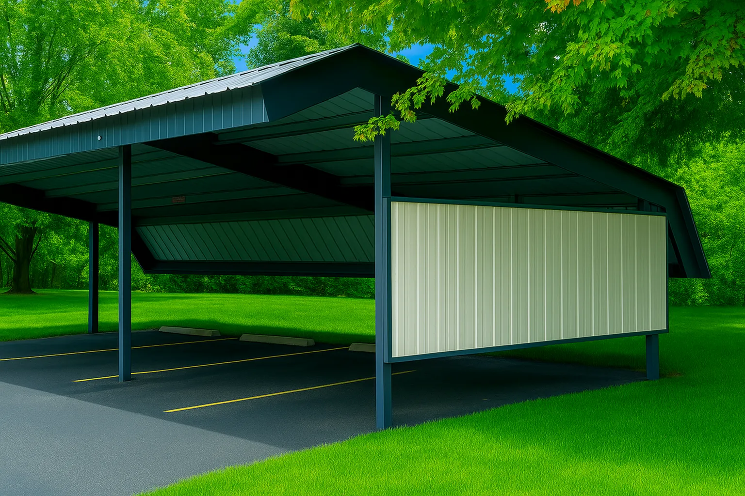 Charming covered parking area surrounded by lush green grass and vibrant trees, offering convenient and scenic protection for your vehicle.
