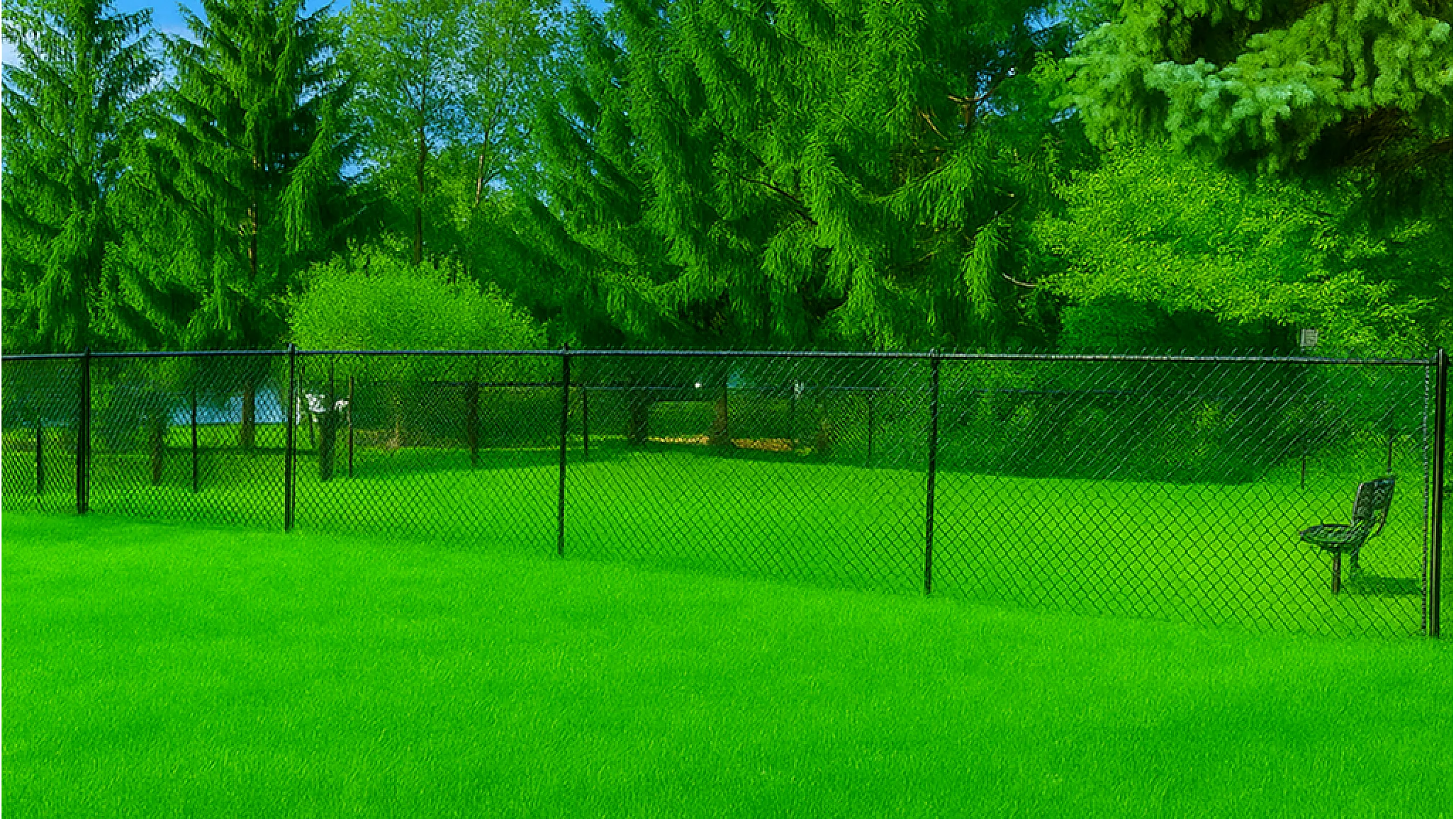 Vibrant green outdoor space with manicured lawn and mature trees enclosed by a stylish chain-link fence.