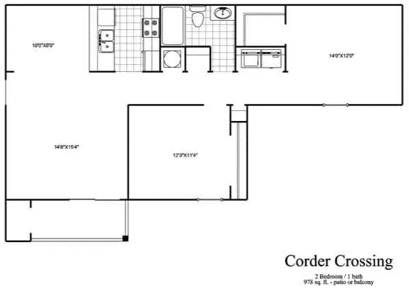 Detailed floor plan of Corder Crossing apartment with 2 bedrooms, 1 bath, and a kitchen, covering 973 sq. ft.