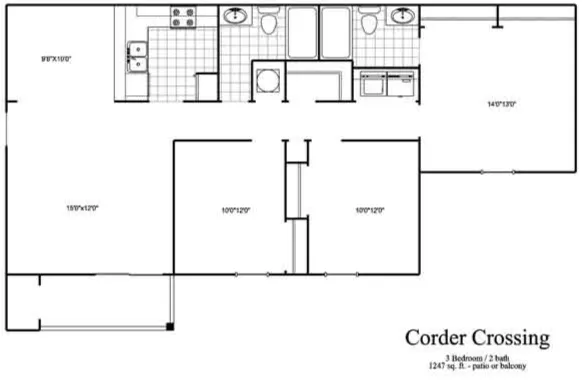 Elegant floor plan of Corder Crossing featuring 3 bedrooms and 2 baths, including a spacious kitchen and patio area.