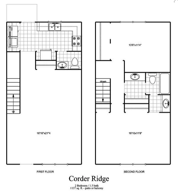 Corder Ridge floor plan featuring 2 bedrooms, 1.5 baths, spacious kitchen, and living area over two floors.