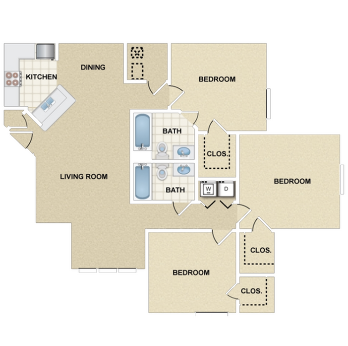 Modern floor plan featuring 3 bedrooms, open living and dining area, spacious kitchen, and 2 bathrooms with closets for ample storage.