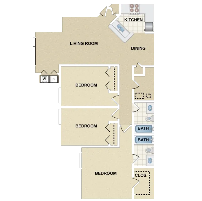 Inviting floor plan with three spacious bedrooms, two modern baths, open kitchen with dining, and airy living room.