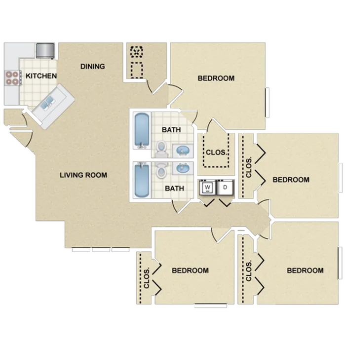 Inviting floor plan featuring three generous bedrooms, open living and dining area, modern kitchen, and two stylish bathrooms.