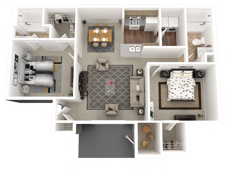 Modern floor plan showcasing two bedrooms, a spacious living room, and a well-equipped kitchen with dining area.