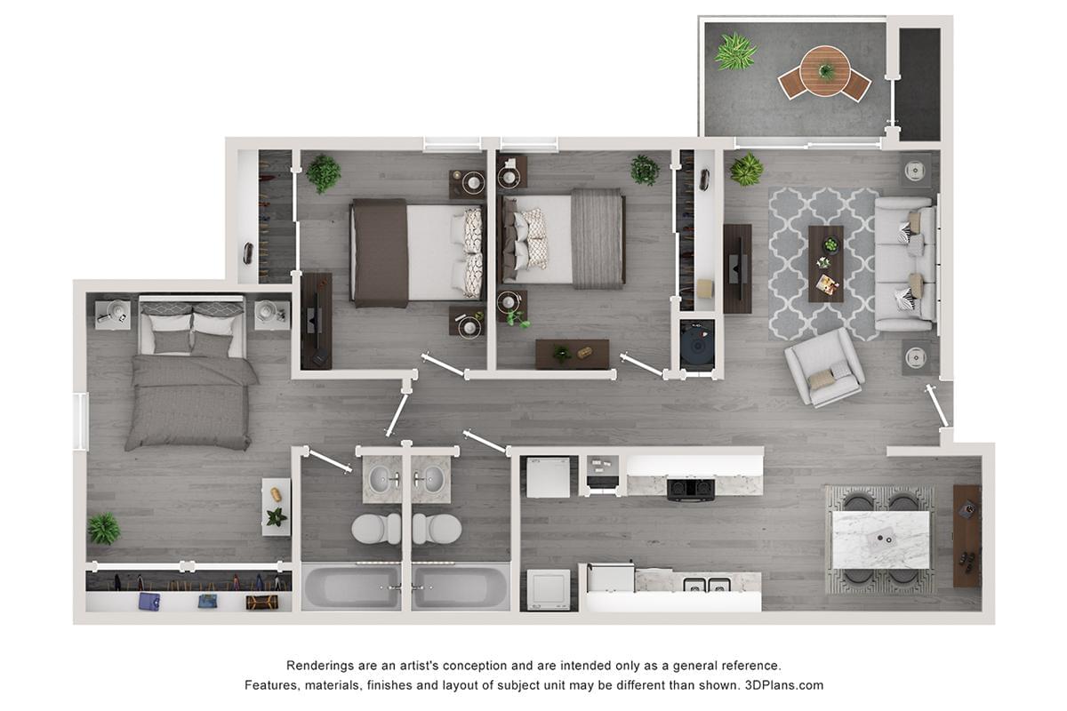 Modern 2D floor plan featuring two bedrooms, a sleek open-concept kitchen and dining area, spacious living room with balcony, and two bathrooms, perfect for contemporary living.