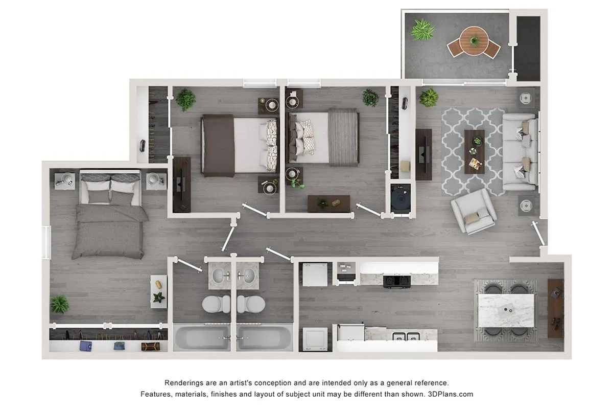 Contemporary floor plan showcasing 2 bedrooms, a cozy living room, and a modern kitchen with dining area.