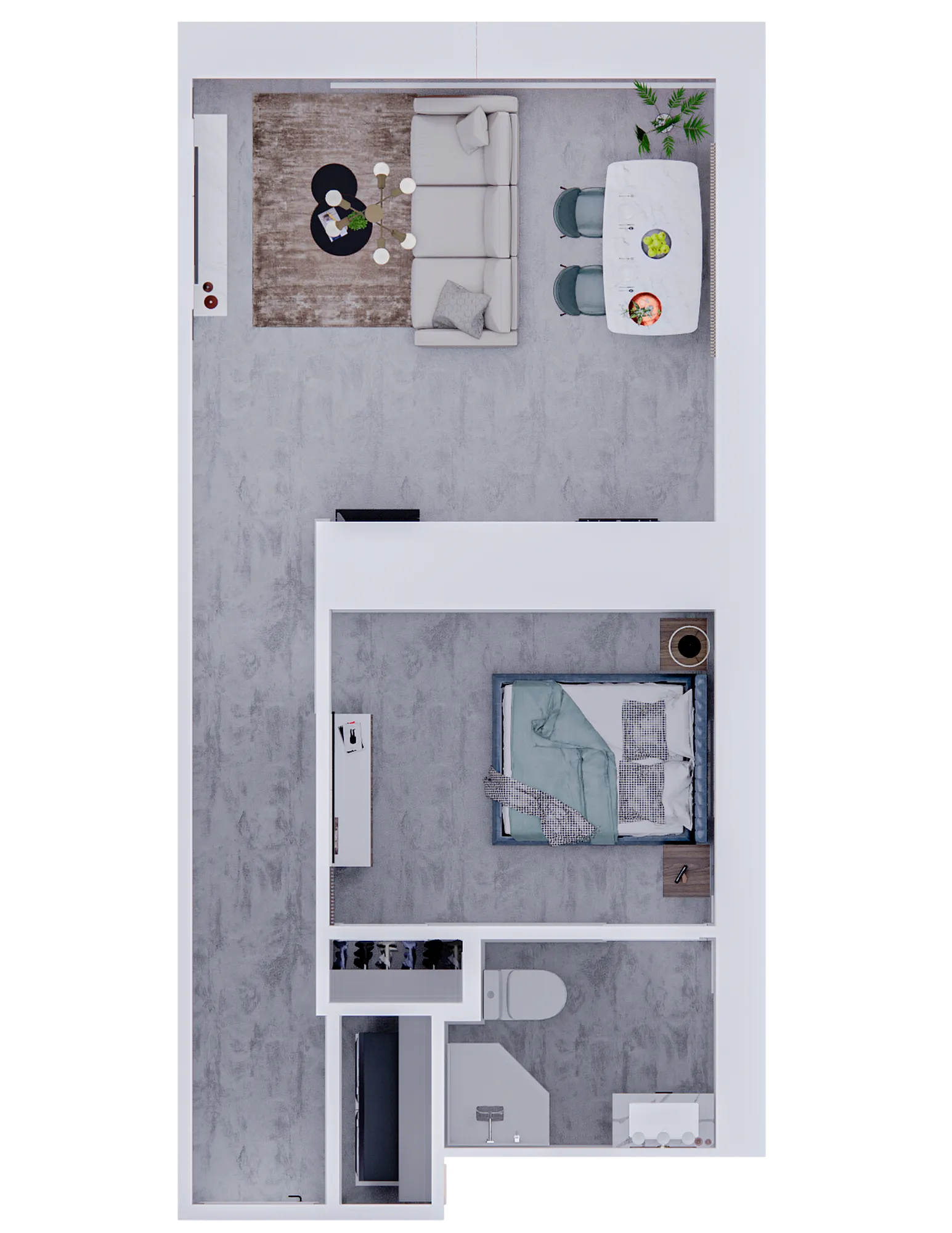 Inviting floor plan showcasing a modern one-bedroom apartment with an open-concept living and dining area, chic kitchen, and a sleek bathroom.