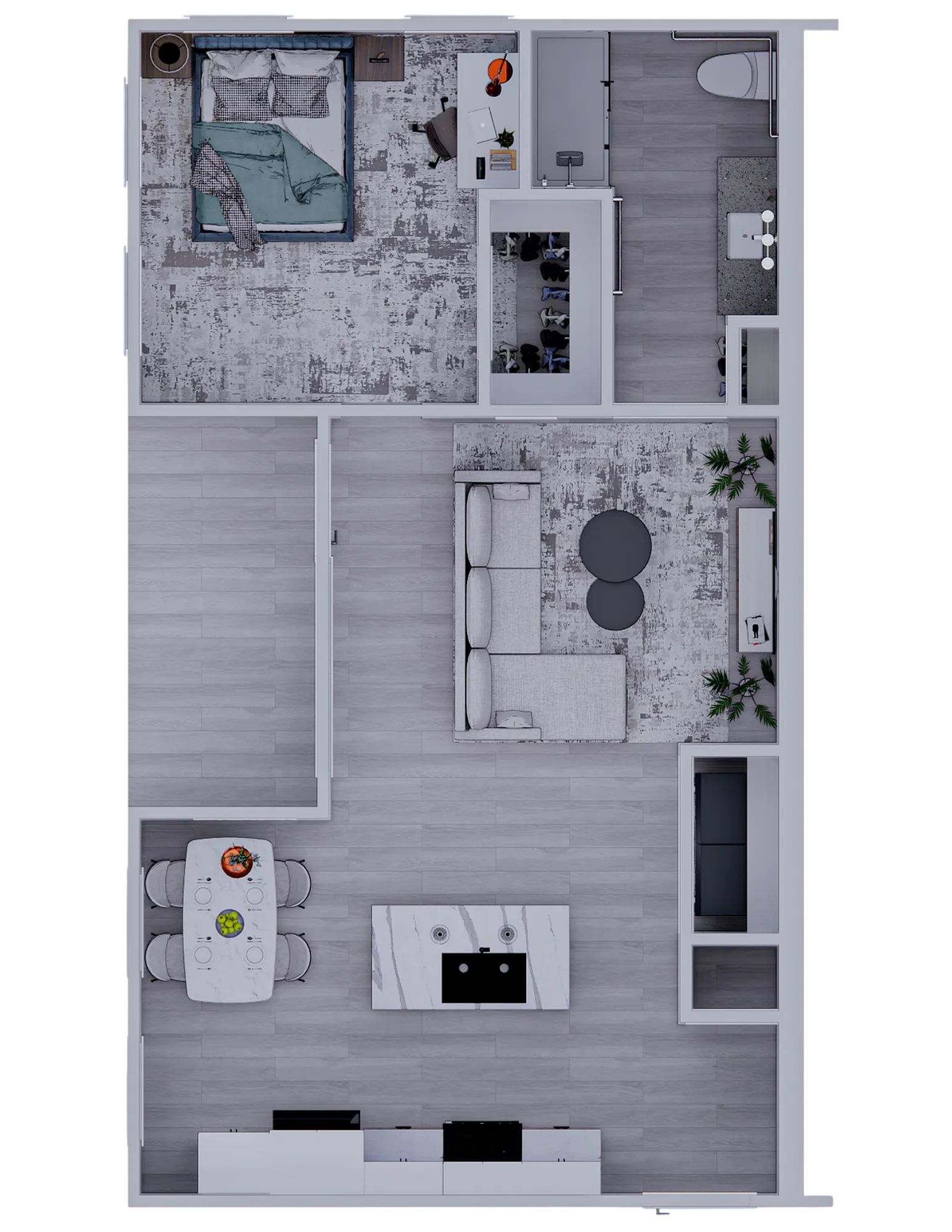 Modern floor plan featuring a spacious bedroom with an en-suite bathroom, walk-in closet, open-concept living and dining area, and a sleek kitchen.