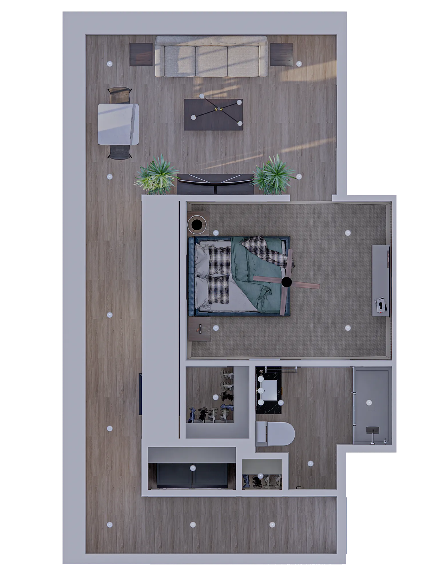 Modern floor plan displaying a cozy bedroom, stylish bathroom, and inviting living area with sleek wooden flooring and contemporary furniture.