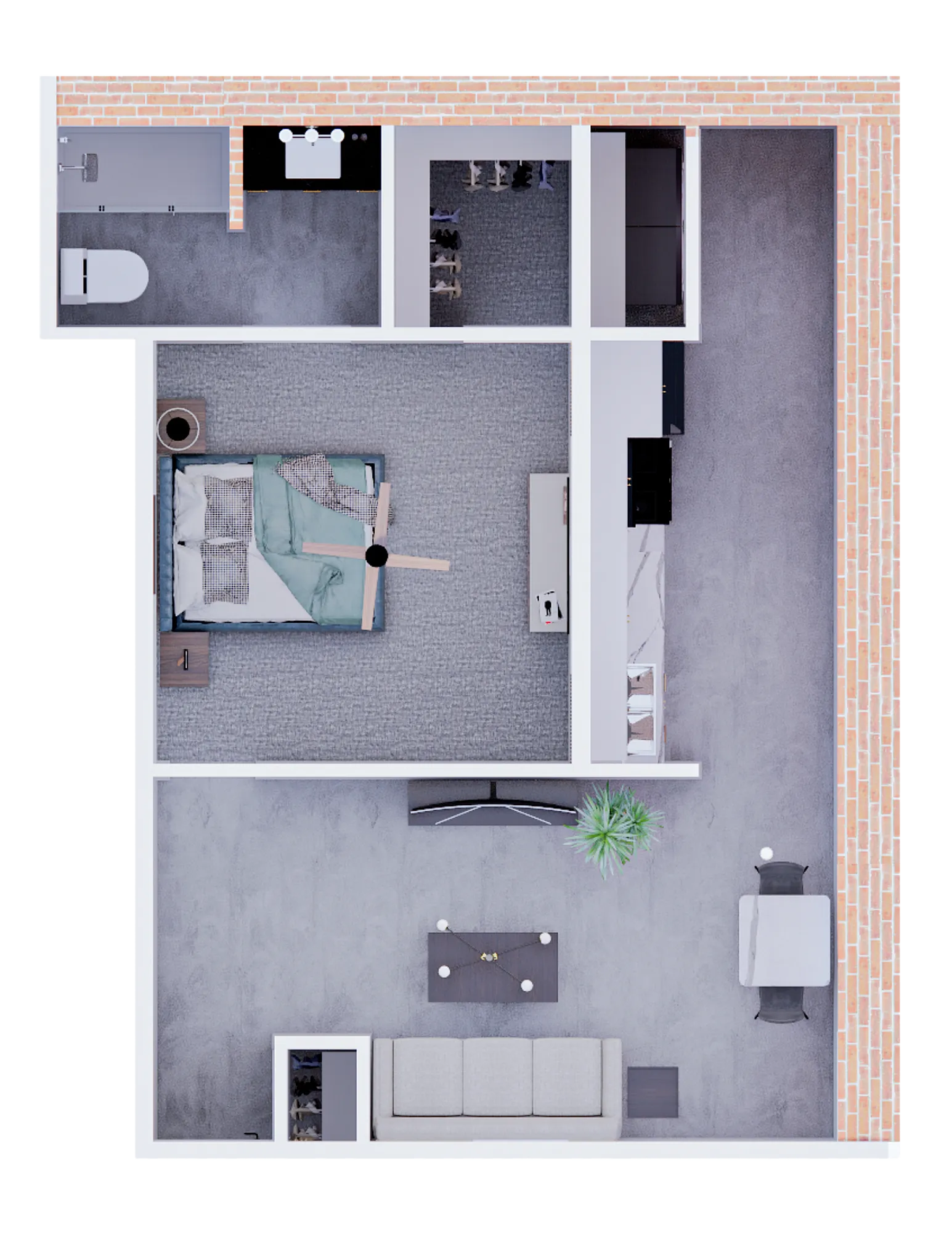 Modern 1-bedroom floor plan with open-concept living area, sleek kitchen, and stylish bathroom, featuring tasteful decor and efficient use of space.