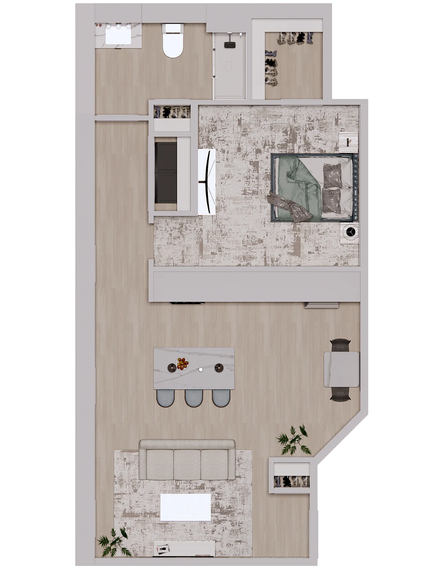 Modern floor plan featuring an open-concept living and dining area, spacious bedroom, and sleek bathroom, perfect for contemporary living.
