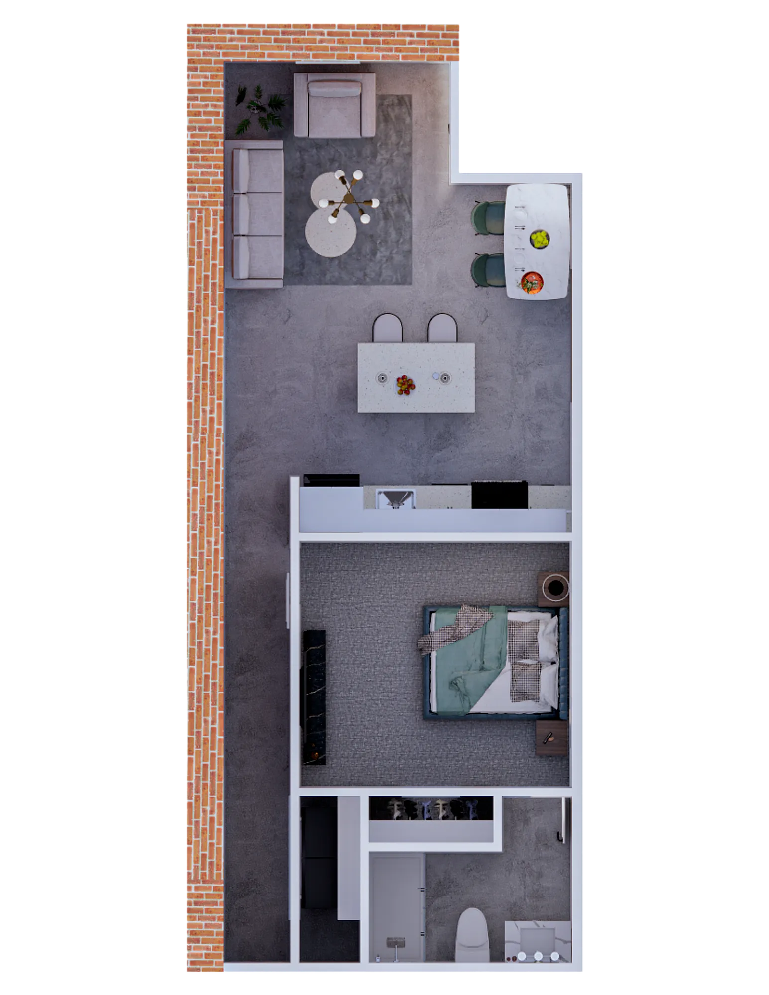 Chic open-concept apartment floor plan showcasing a cozy bedroom, modern living area, and elegant dining space, perfect for urban living.