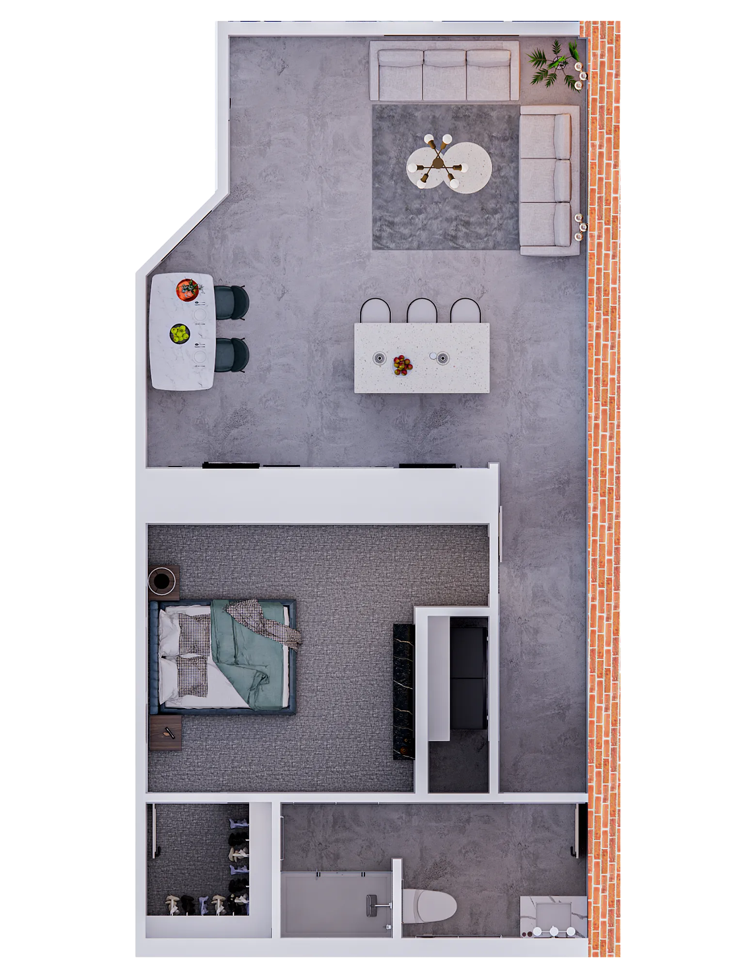 Modern 1-bedroom apartment floor plan with open-concept living and dining area, kitchen island, and cozy bedroom retreat.
