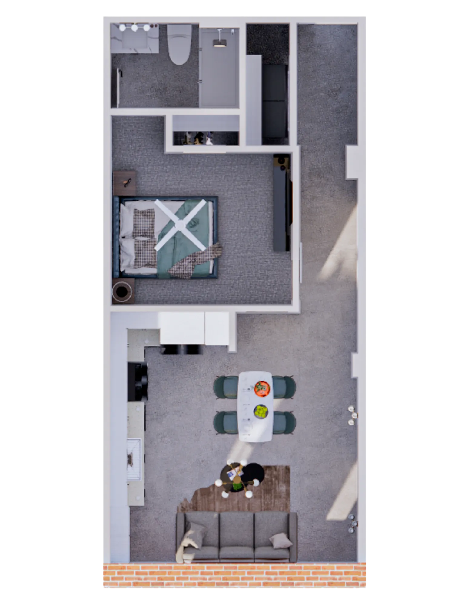 Contemporary 1-bedroom floor plan with sleek bathroom, open kitchen, and cozy living area featuring stylish dining space.