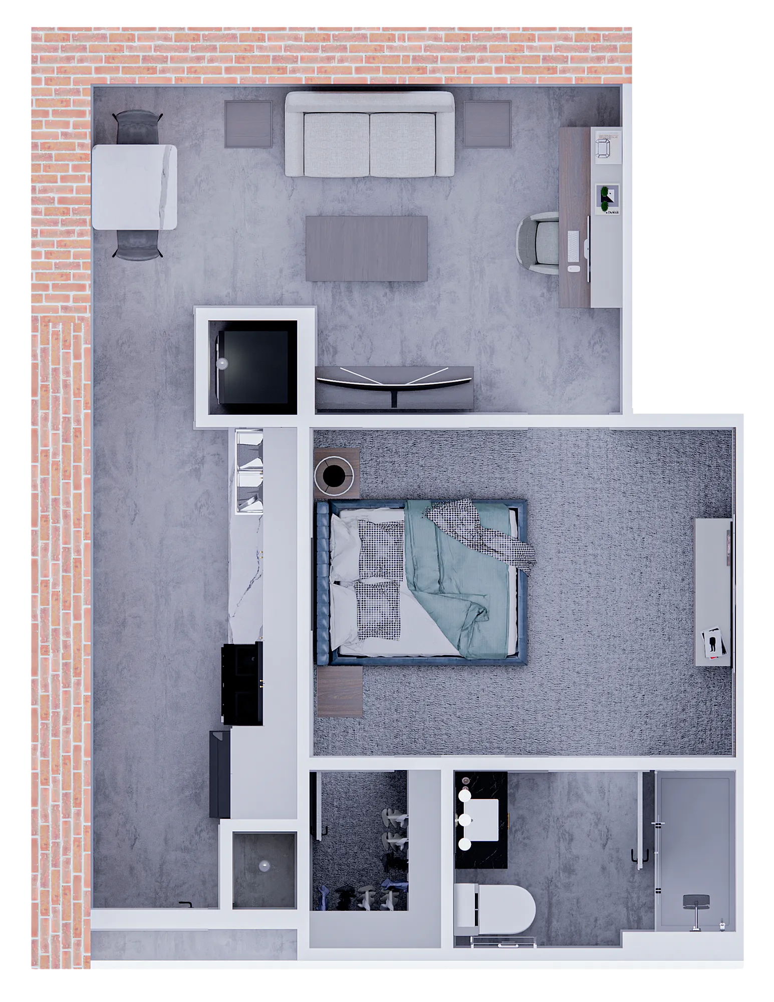 Modern open-concept floor plan with a stylish living room, cozy bedroom, fully equipped kitchen, and a sleek bathroom, enhanced with brick wall accents.