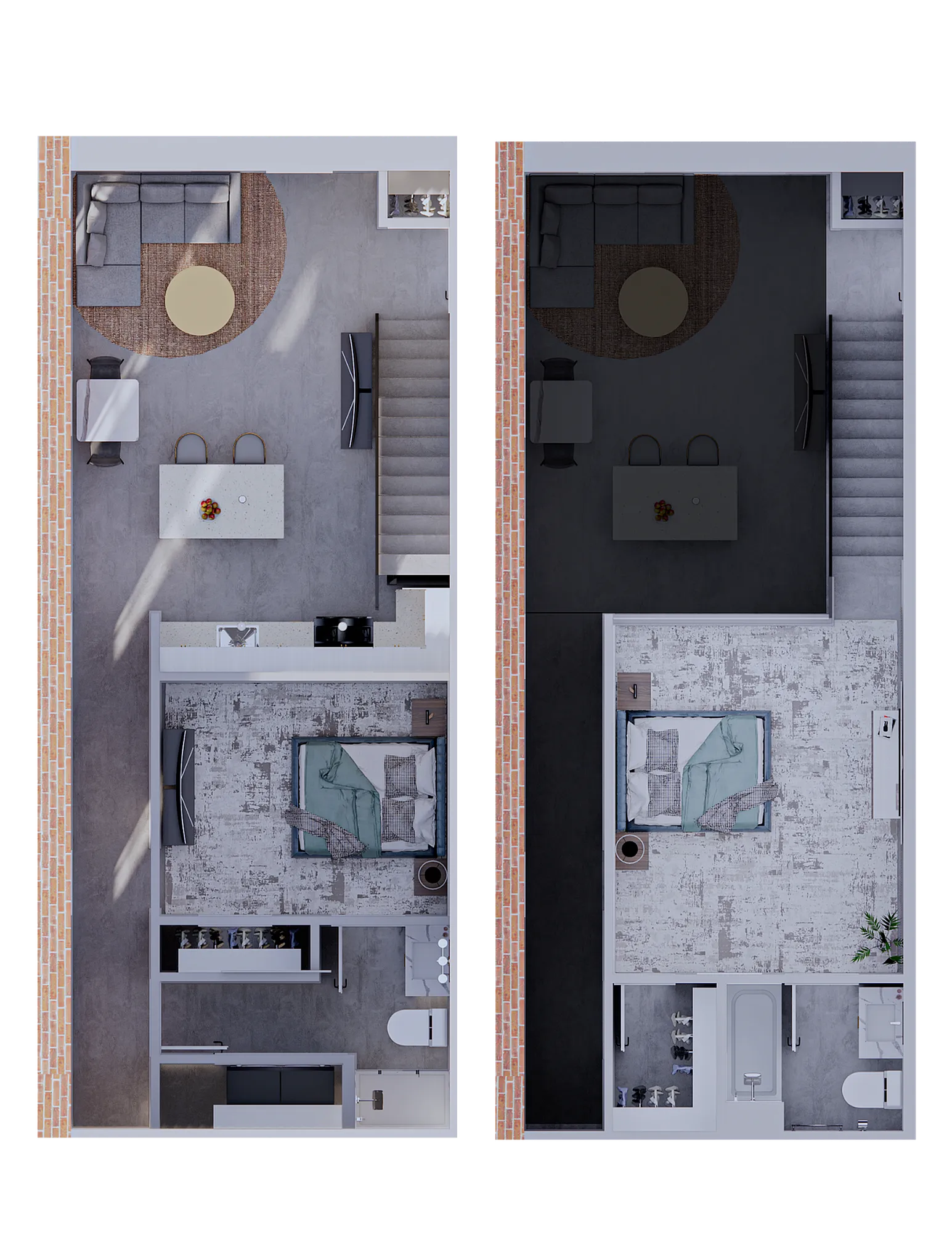 Modern two-level apartment floor plan highlighting a cozy living area, stylish kitchen, and comfortable bedroom layout with a bathroom, perfect for contemporary urban living.