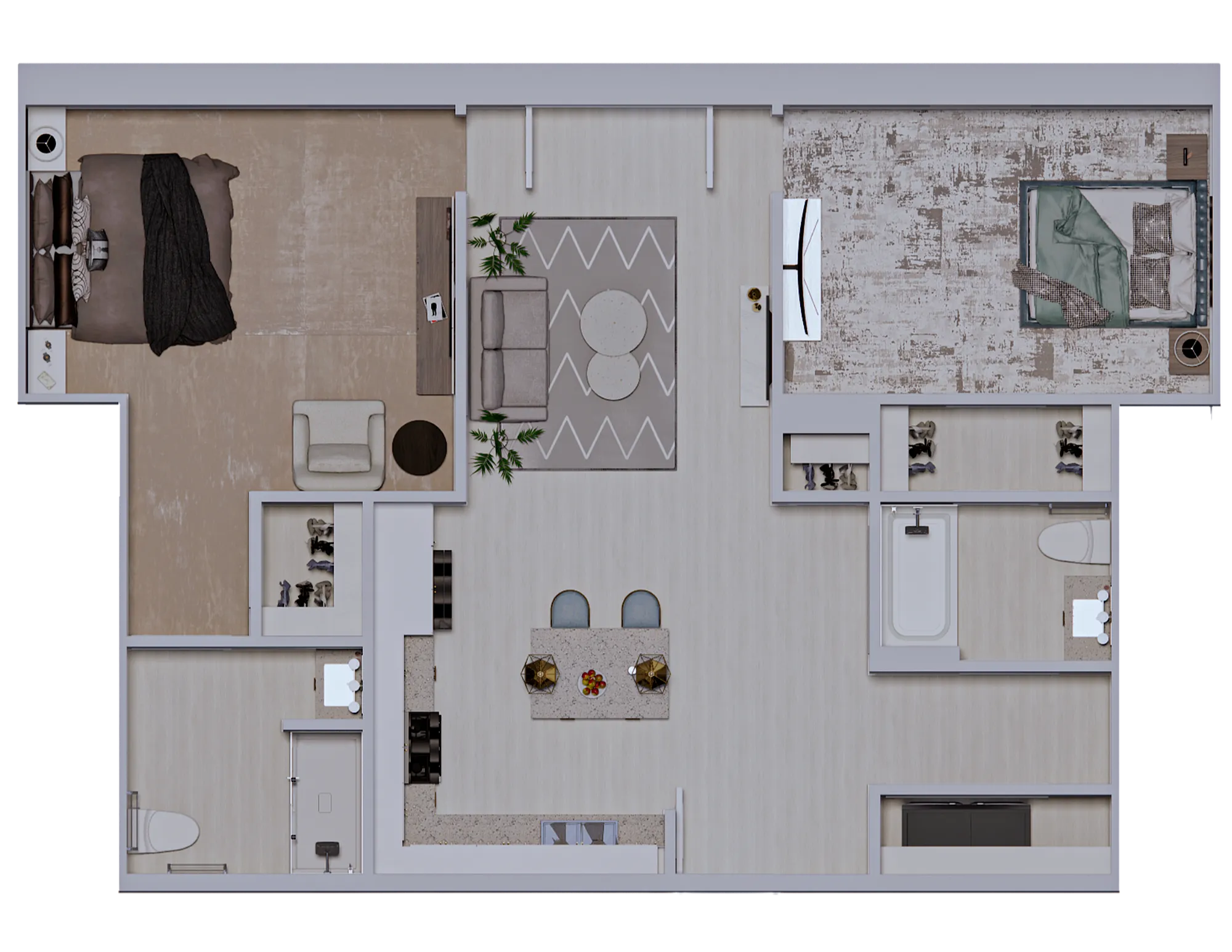 Modern floor plan featuring 2 spacious bedrooms, elegant living room, cozy dining area, stylish kitchen with island, and 2 sleek bathrooms.