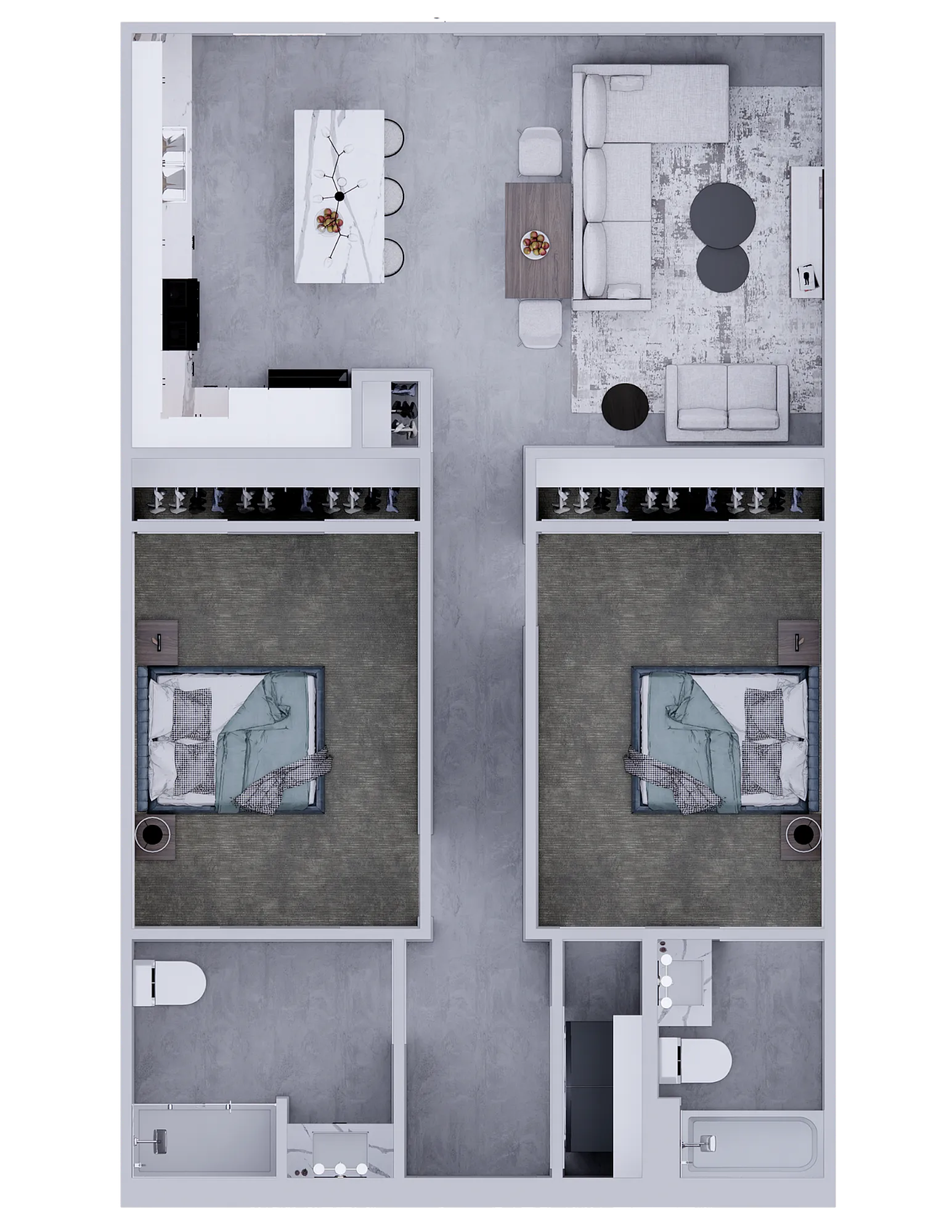 Modern 2-bedroom apartment floor plan with open-concept living room, kitchen island, and two sleek bathrooms.