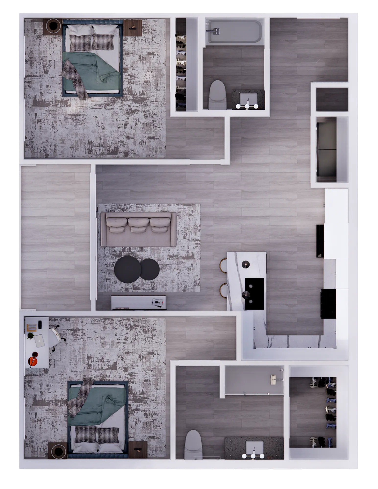 Chic 2D floor plan showcasing two bedrooms, spacious open living room, sleek modern kitchen, and two elegant bathrooms.