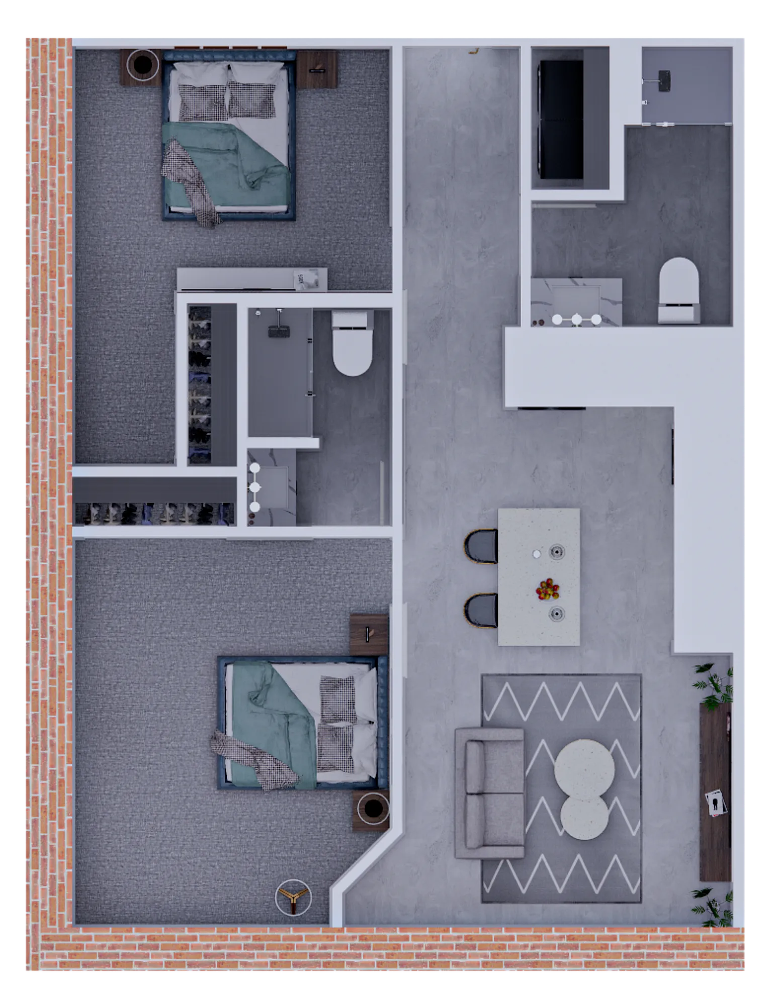 Modern apartment floor plan featuring 2 cozy bedrooms, a sleek bathroom, an open-concept living and dining area, and a compact, stylish kitchen design. Perfect for contemporary living.