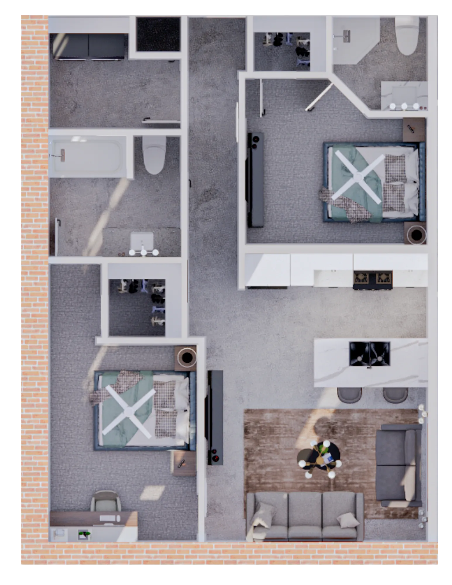 Modern apartment floor plan showcasing 2 cozy bedrooms, stylish open kitchen, inviting living area, and 2 sleek bathrooms.