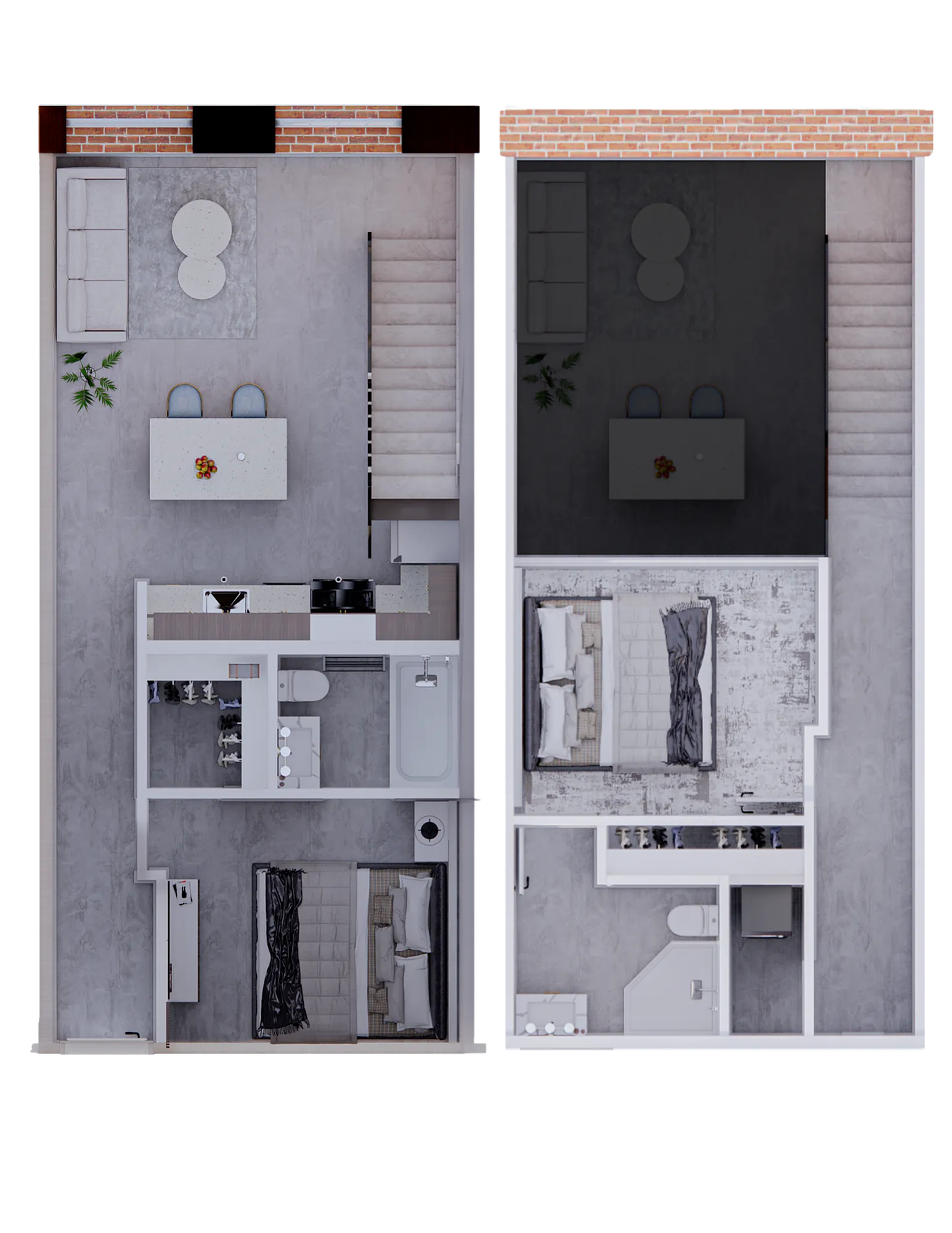 Modern two-level floor plan showcasing an open-concept living room and dining area, complemented by a sleek kitchen, and featuring two cozy bedrooms with en-suite bathrooms.