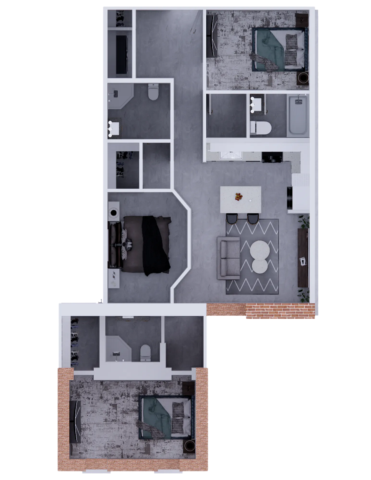 Modern floor plan showcasing 3 spacious bedrooms, stylish open living area, and a sleek kitchen with elegant design touches.