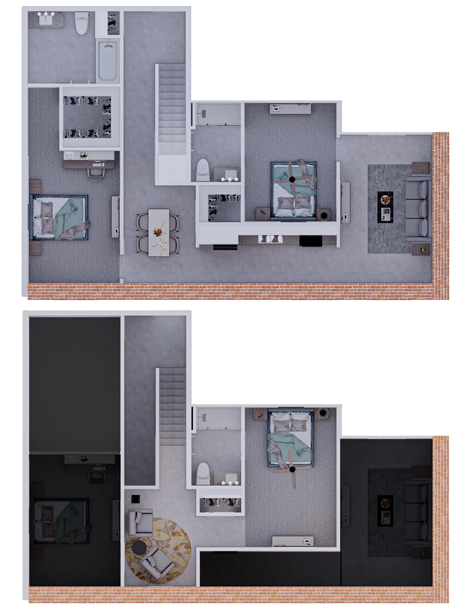 Elegant duplex floor plan showcasing 3 bedrooms and 2 bathrooms with a cozy living area and modern kitchen, featuring stylish brick accents.