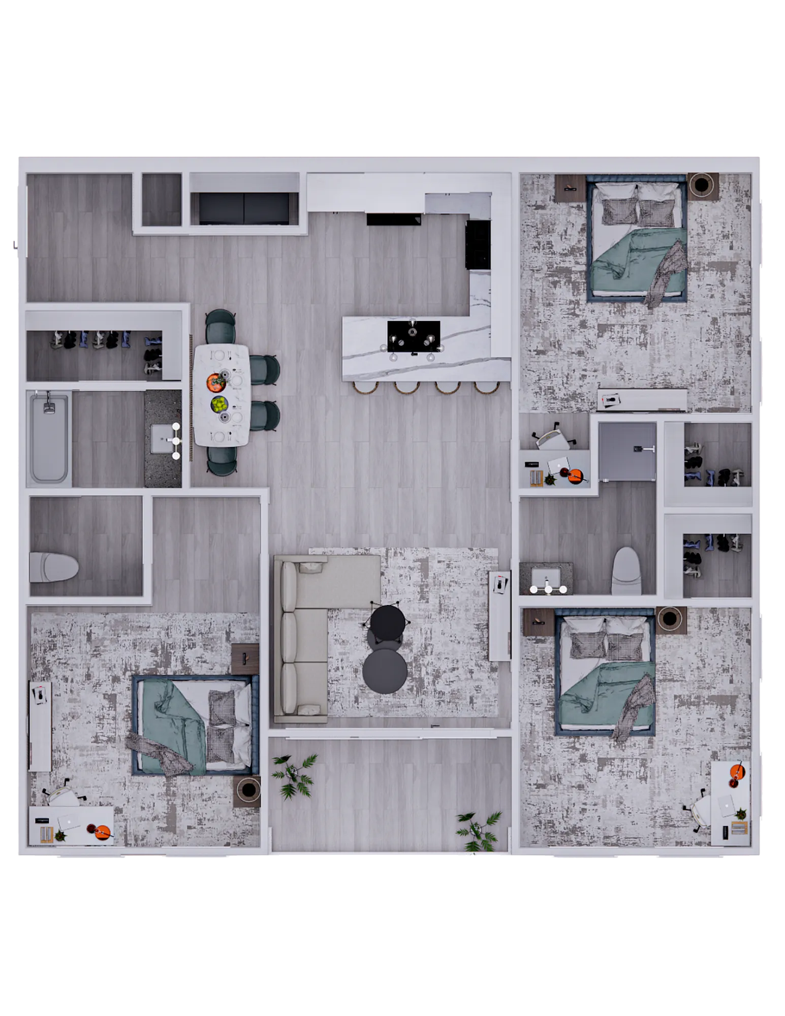 Modern 3-bedroom apartment floor plan with open-concept living area, stylish kitchen with island, and two sleek bathrooms.