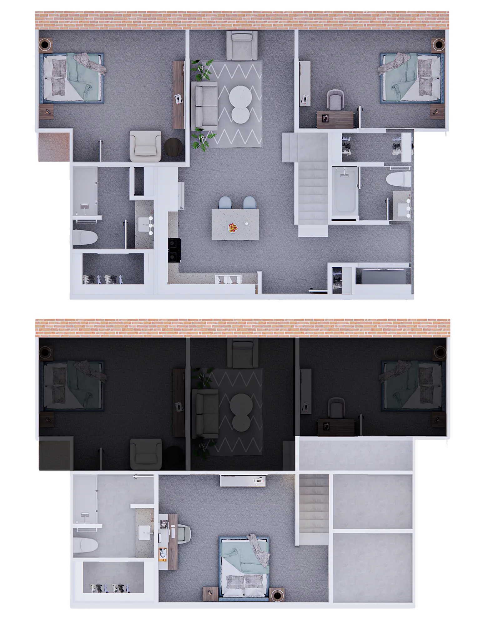 Elegant dual-level floor plan showcasing 3 bedrooms, 2 modern bathrooms, a cozy living area, and a stylish kitchen with an island.