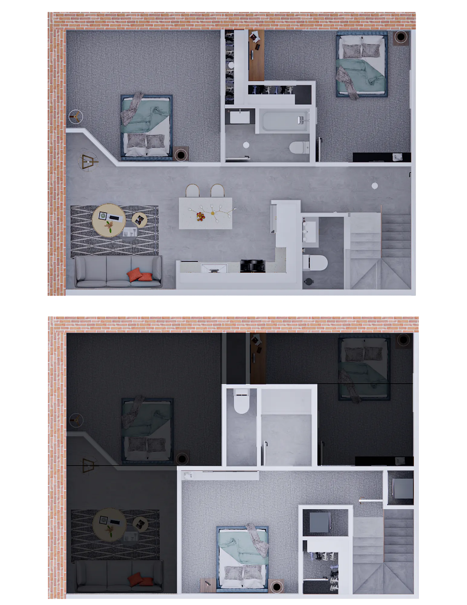 Contemporary floor plan featuring two cozy bedrooms, a stylish open-concept living and dining area, modern kitchen, and elegant bathrooms, showcasing a fresh and inviting layout.