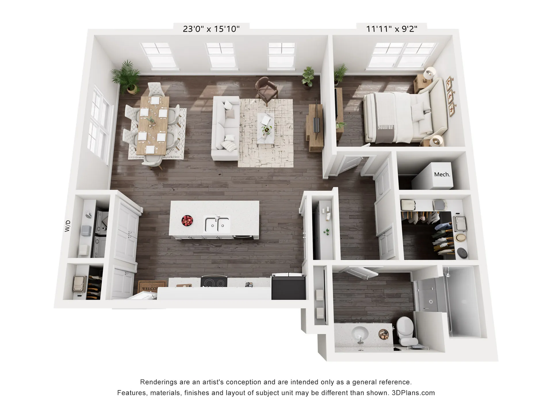 Modern 3D floor plan featuring a cozy 1-bedroom apartment with an open-concept living and dining area, spacious kitchen island, and elegant bathroom design.