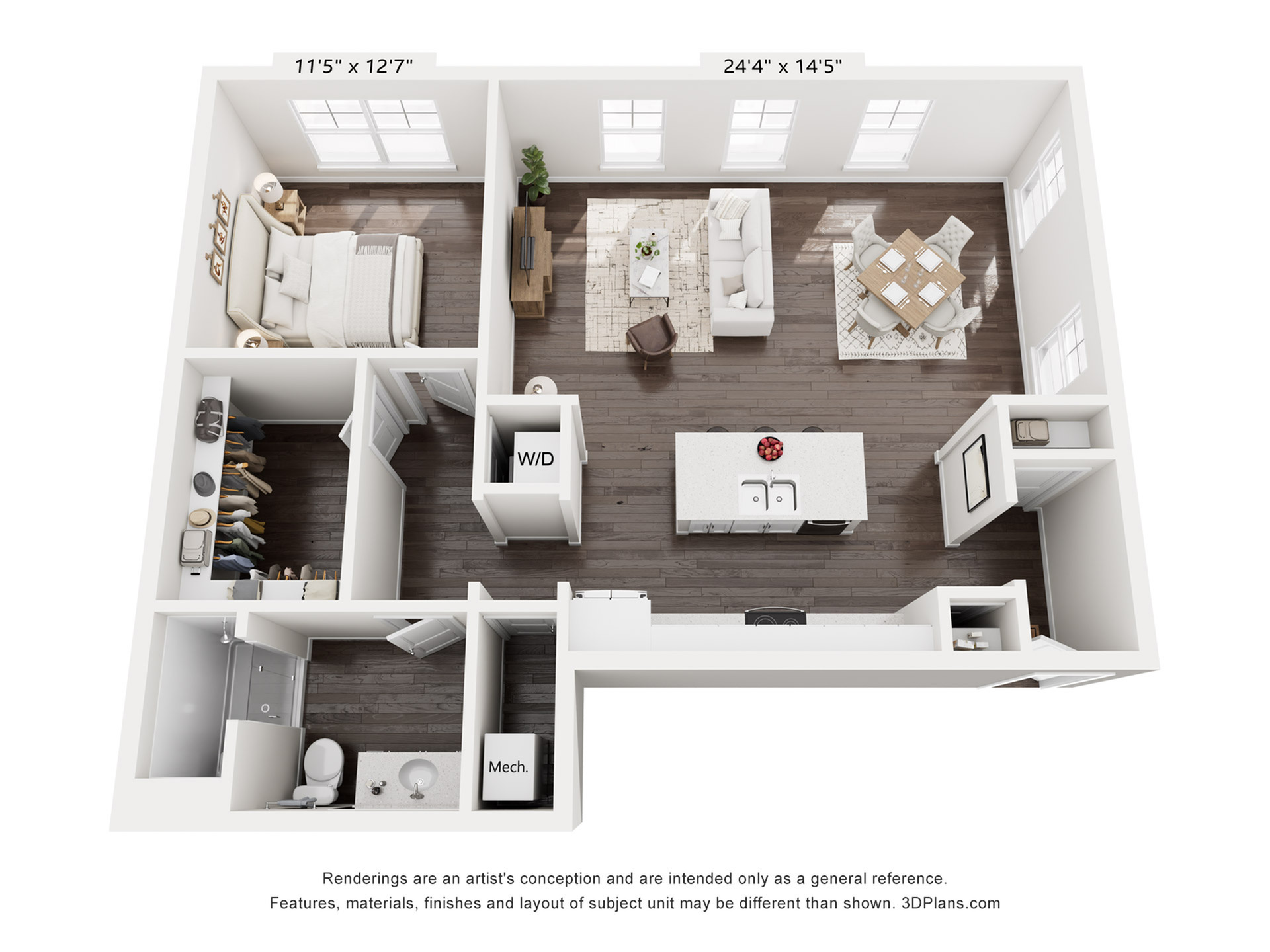 Chic 3D apartment floor plan showcasing a spacious open-concept living and dining area, modern kitchen island, cozy bedroom, and well-designed bathroom.