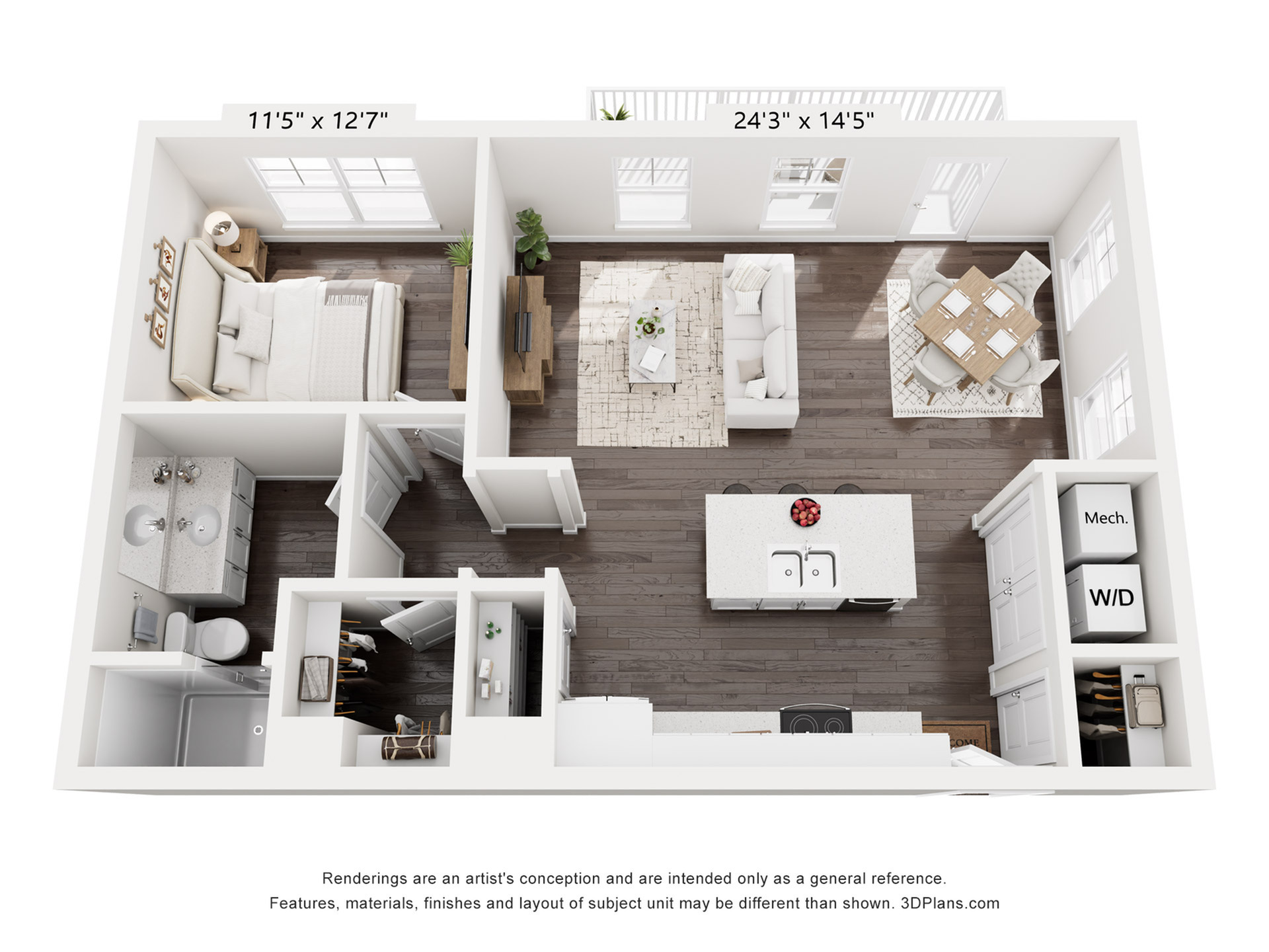 Modern 3D floor plan featuring a cozy bedroom, spacious living area with natural light, stylish kitchen with island, and elegant dining space.