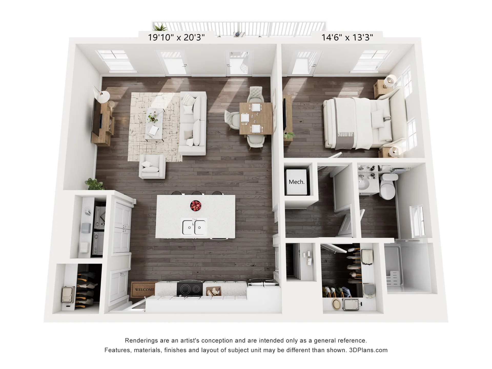 Contemporary 3D floor plan showcasing 1 bedroom, a luxurious open-concept living and dining area, sleek kitchen island, and modern bathroom design.