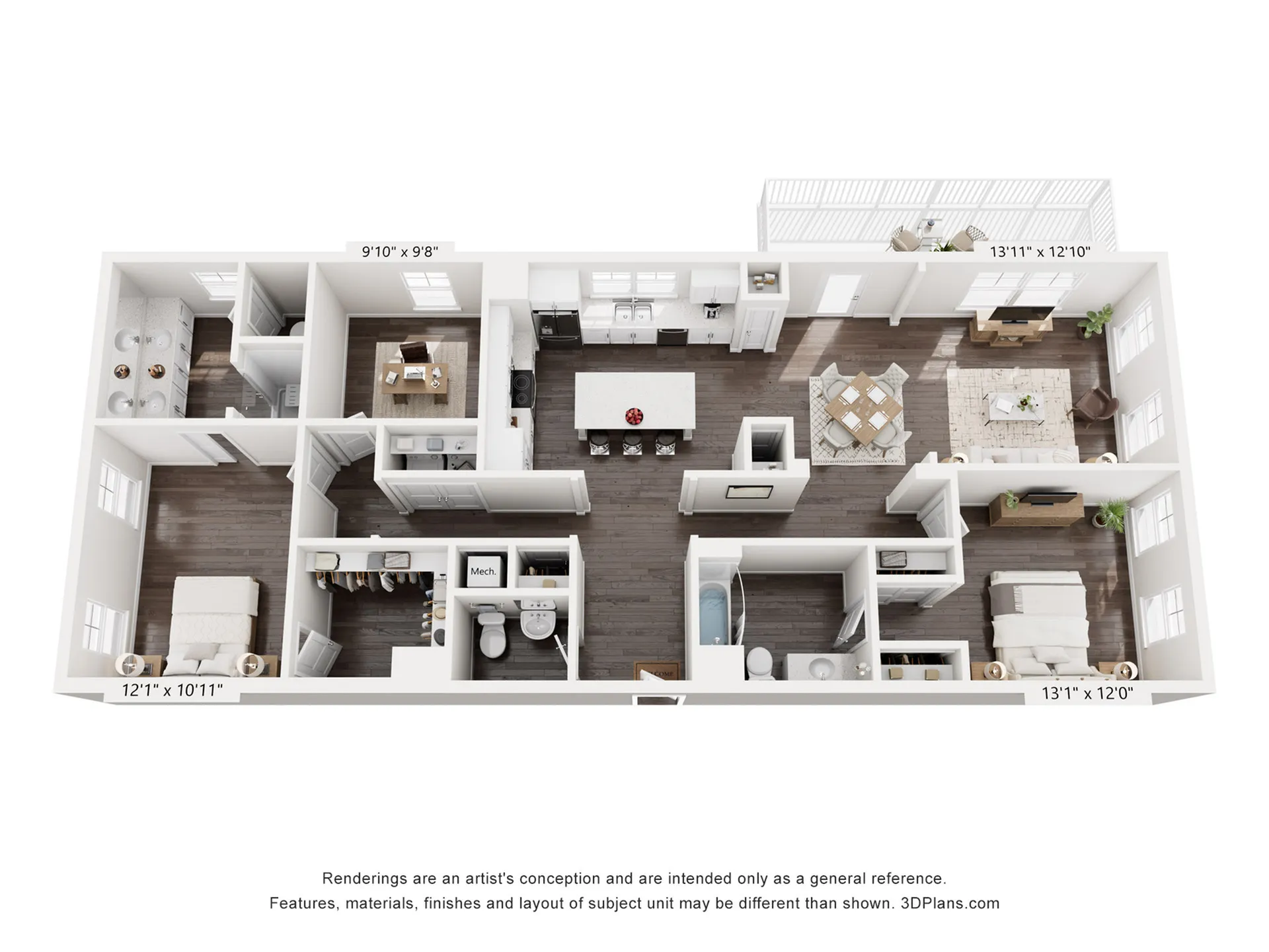 Contemporary 3D floor plan featuring two bedrooms, two bathrooms, an open-plan living and dining area, spacious kitchen, and private balcony.