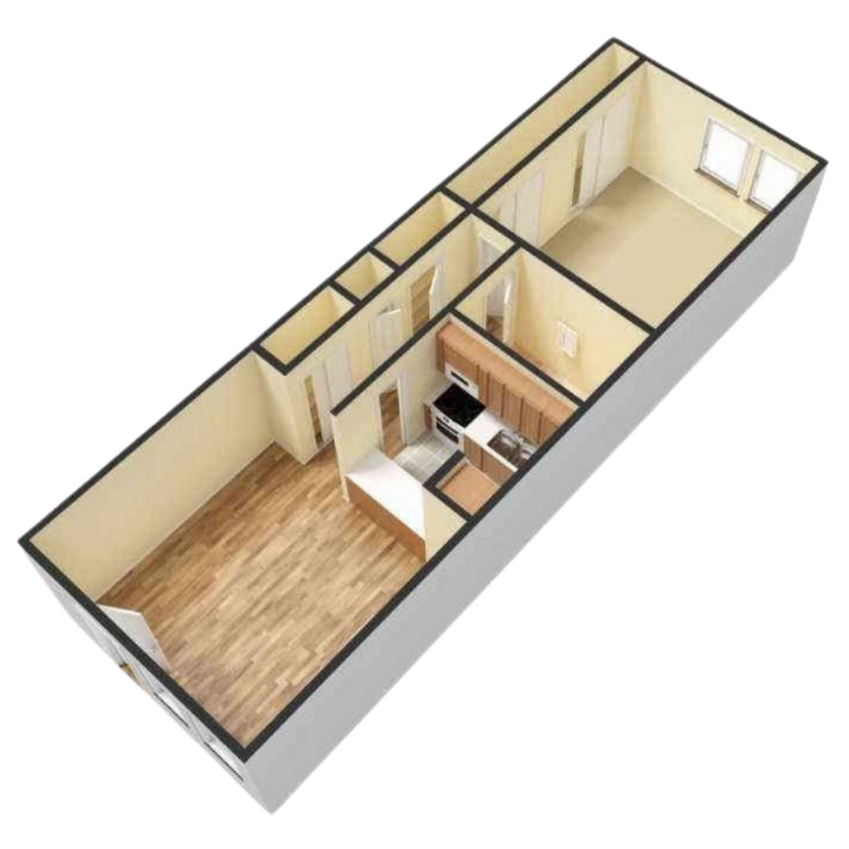 Chic 3D floor plan showcasing a spacious one-bedroom apartment with modern kitchen and open living area.