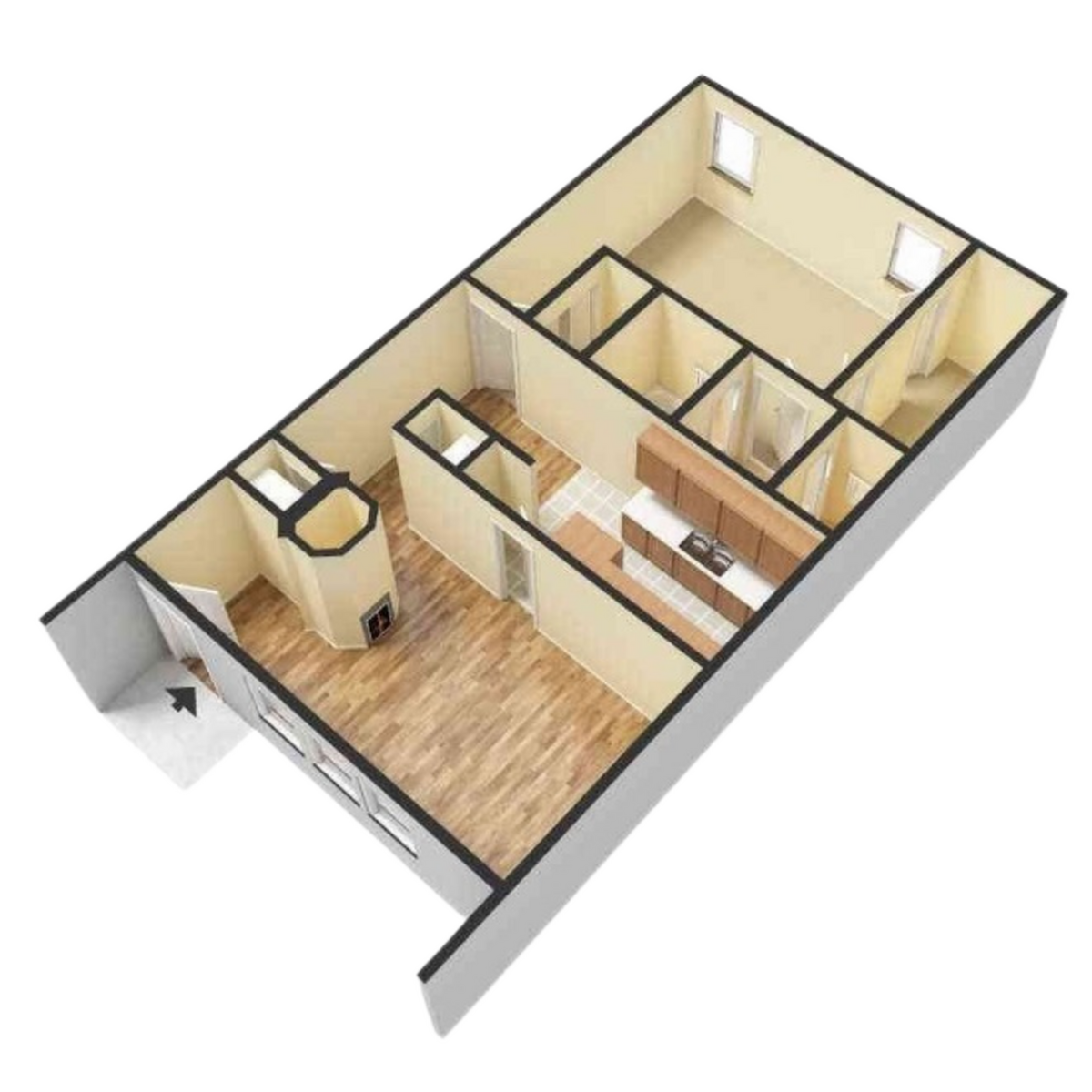 Modern 3D floor plan showcasing an open-concept kitchen and living area, along with two bedrooms and a stylish entryway.