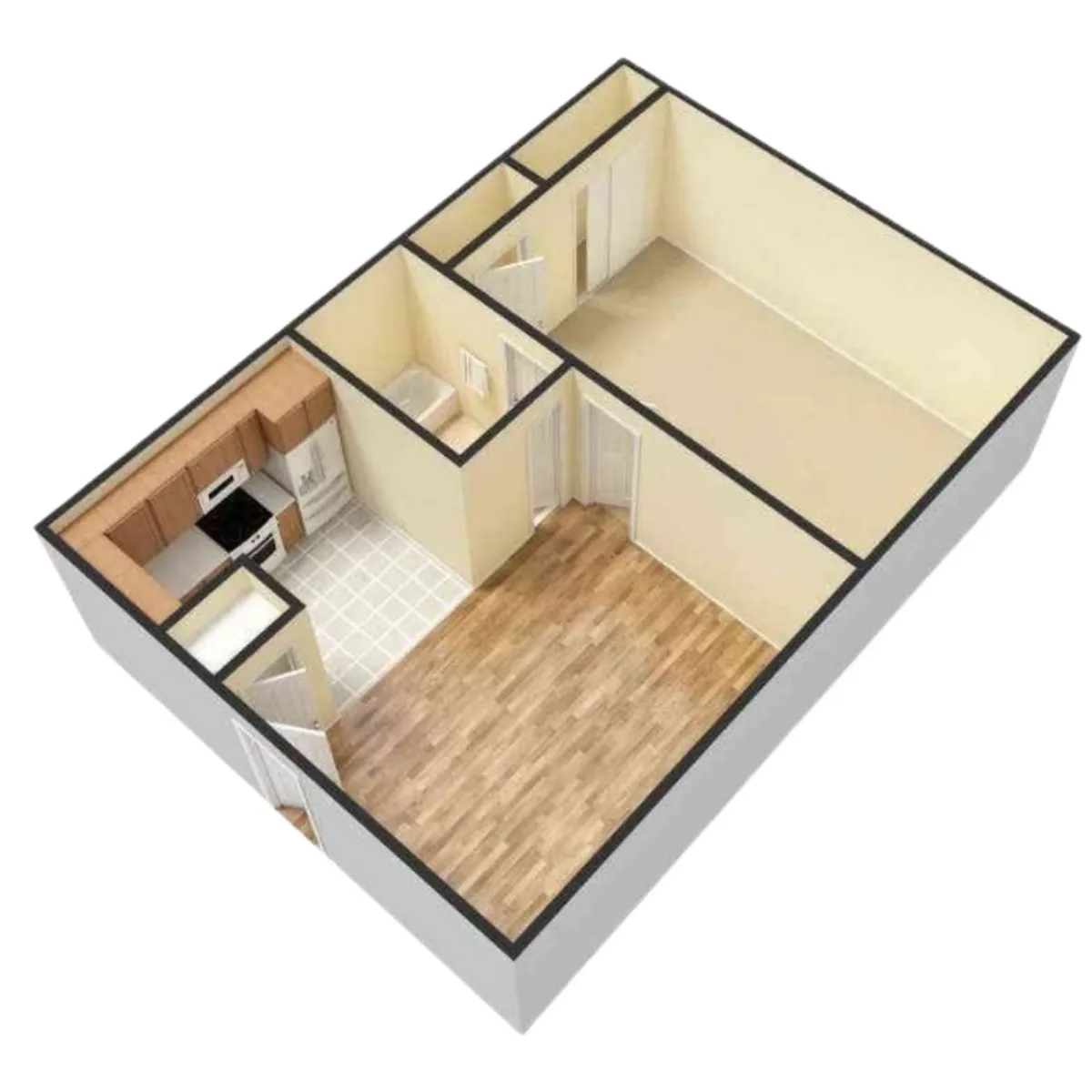 Modern 3D floor plan showcasing an open-concept living area, cozy bedroom, chic kitchen, and convenient bathroom.