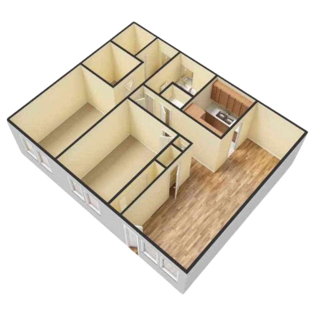 3D floor plan showcasing a modern apartment with two bedrooms, a sleek kitchen, and a spacious open living area with wood flooring.